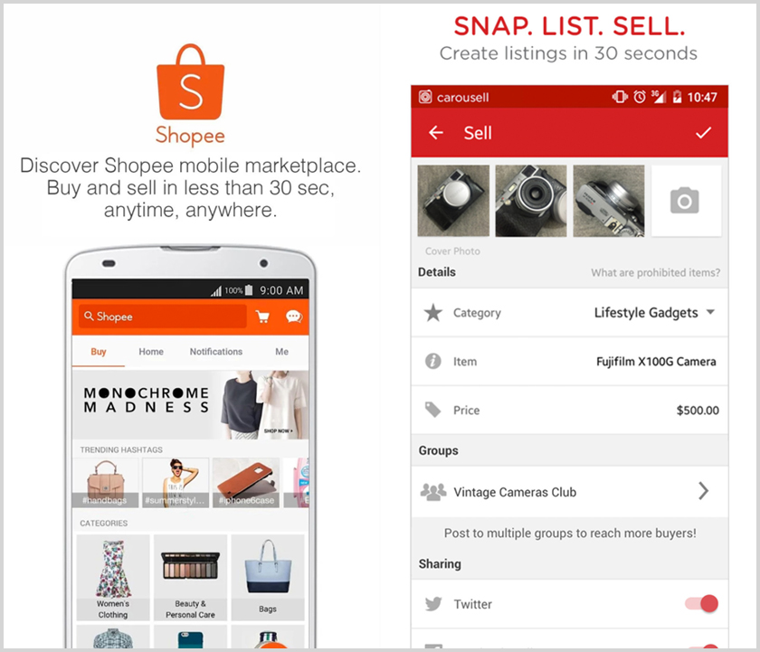 Aplikasi Shopee dan Carousell - Foto fail