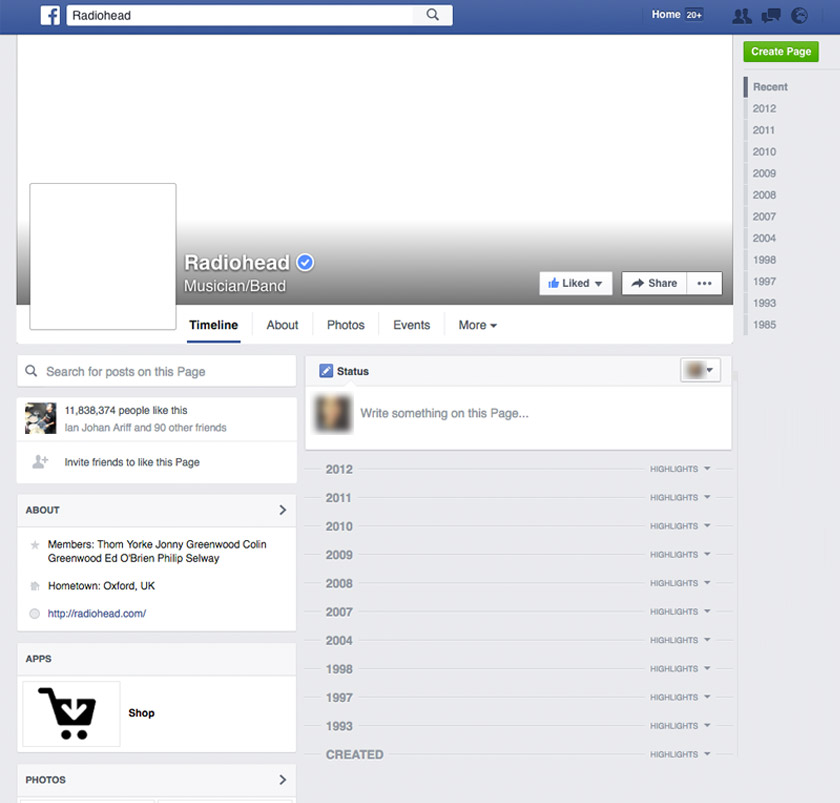 Akaun Facebook rasmi Radiohead yang telah dipadam kesemua status dan gambar pada Isnin (2 Mei).
