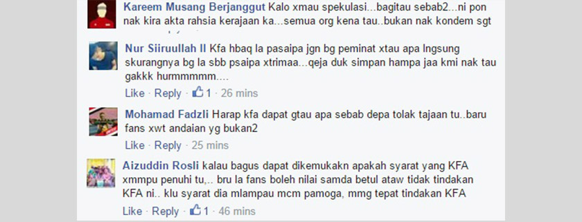 Antara komen di Facebook Persatuan Bola Sepak Kedah.