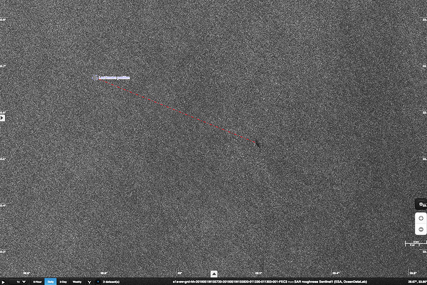 The 2 km-long slick is located about 40 km southeast of the last known location of the aircraft.