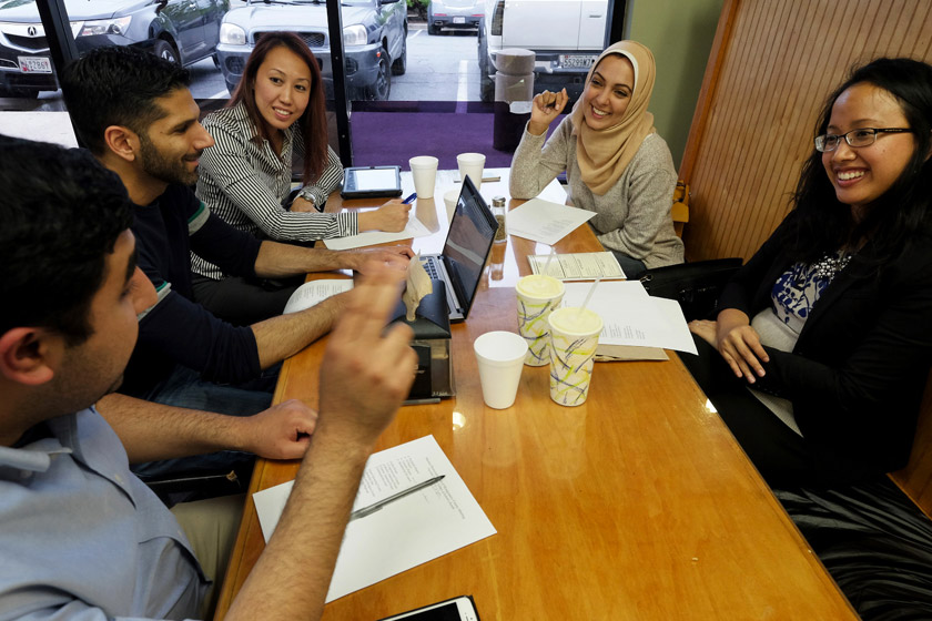 Members of the Muslim Democratic Club of Montgomery County meet in Silver Spring, Maryland. From left: Hamza Khan, Hasan Mansori, Aminda Kadir, Rida Bukhari-Rizvi and Nadia Syahmalina. Washington Post/ Bonnie Jo Mount