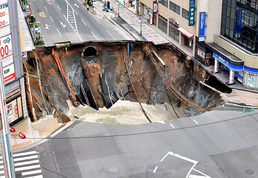 Giant sinkhole that has shocked Japan. - File photo