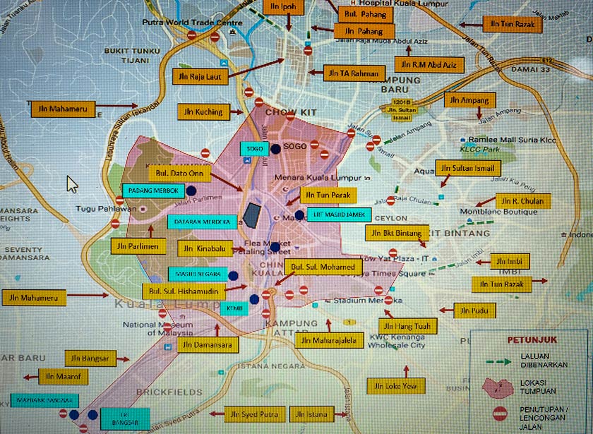 The seven areas near Dataran Merdeka which will be closed tomorrow.