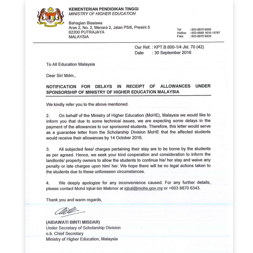  Pekeliling kelewatan pembayaran elaun sara hidup yang dihantar KPT kepada semua pelajar PhD di luar negara - Sumber gambar pelajar PhD di luar negara