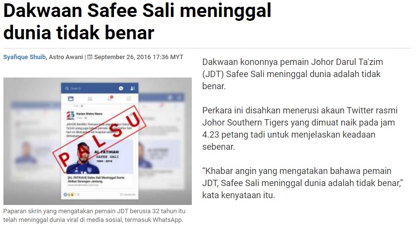 Berita menafikan fitnah yang disebarkan di media sosial