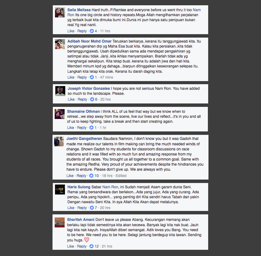 Rakan seni dan peminat menyeru Nam Ron agar terus kekal dalam dunia seni