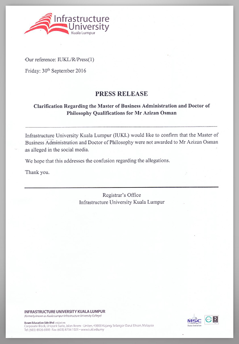 The issue started with a clarification letter from Infrastructure University KL which denied awarding an MBA to Azizan.