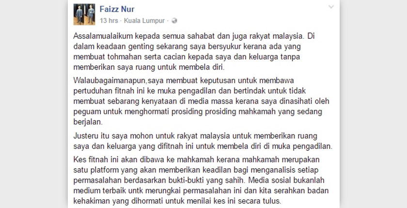 .Kenyataan balas Faizznur di Facebook.