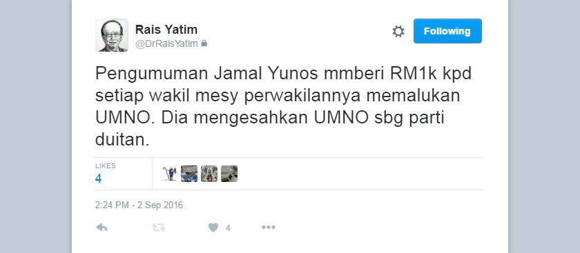  Dakwaan Rais terhadap Jamal yang melakukan politik wang turut dimuat naik di laman Twitternya - Sumber gambar Twitter Rais Yatim