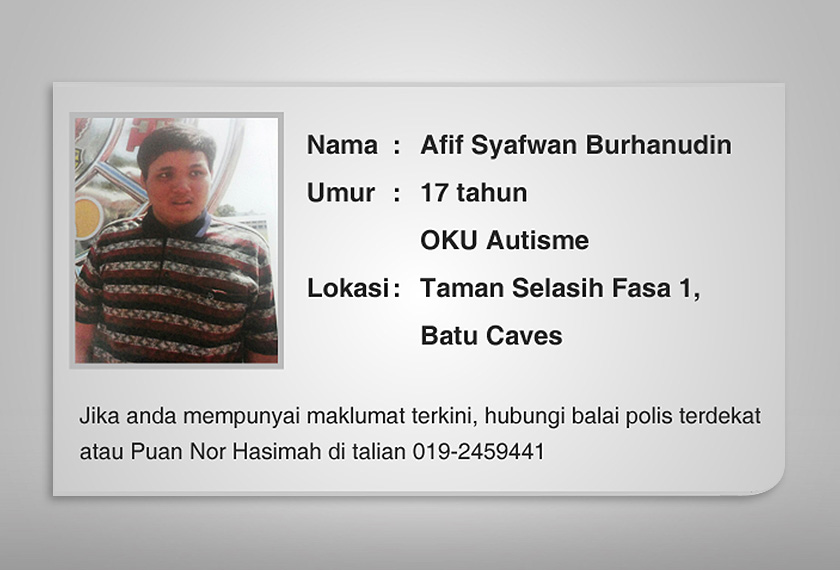 Afif Syafwan Burhanudin, 17, dilapor hilang dari rumahnya di Taman Selasih Fasa 1, Batu Caves, Jumaat lalu. - Foto Fail
