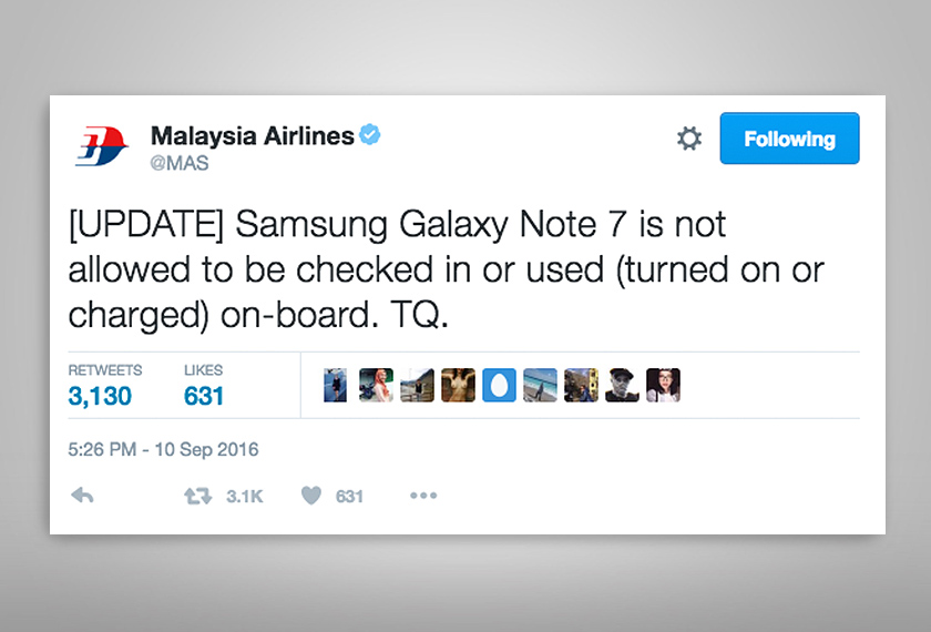 Pemberitahuan daripada pihak Malaysia Airlines tentang larangan penggunaan Note 7. - Gambar fail
