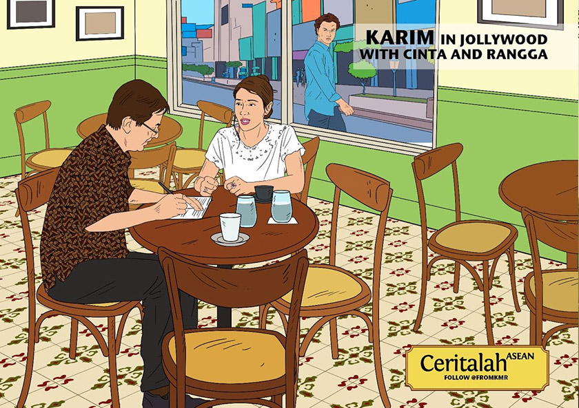 Karim in Jollywood with Cinta and Rangga. - Karim Raslan illustration