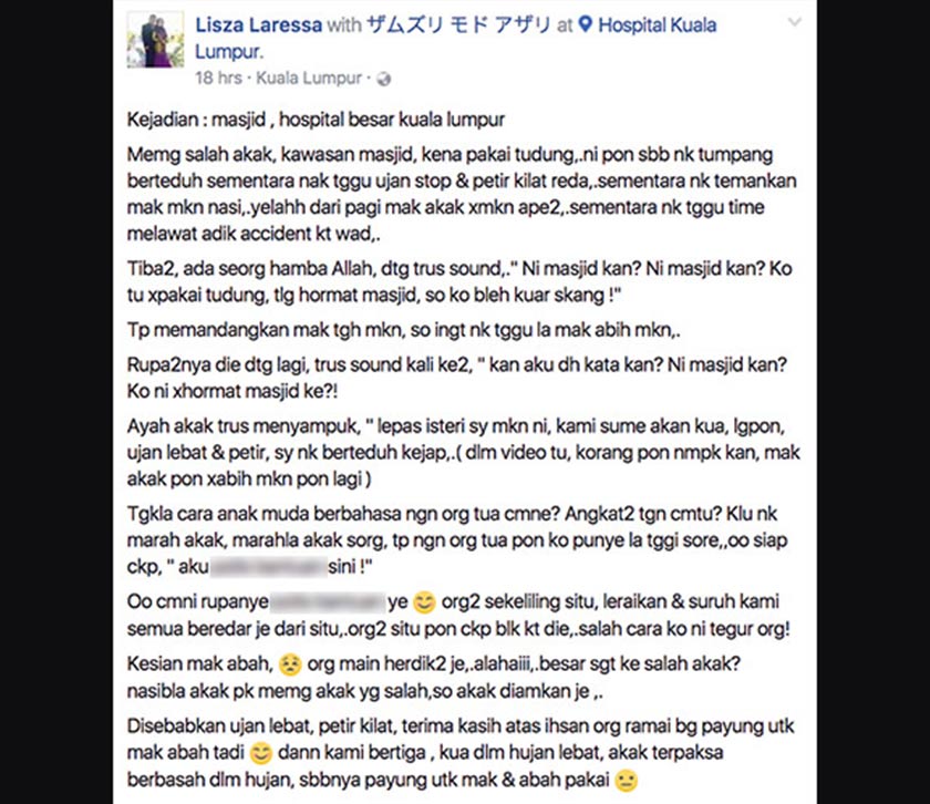 Pengguna media sosial bernama Lisza Laressa ini mencritakan semula insiden tersebut, yang didakwanya telah ditegur secara kasar.