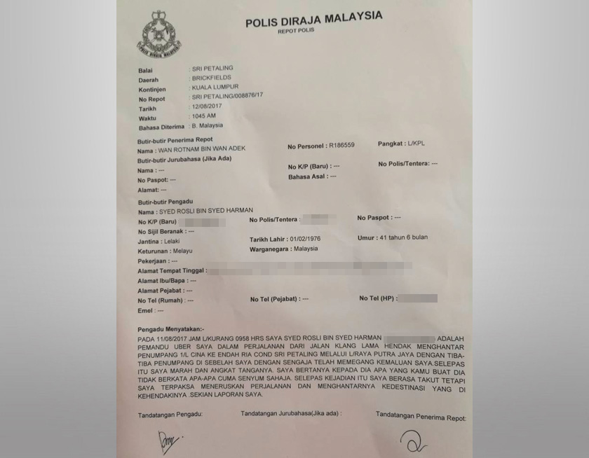  Laporan polis yang dibuat Syed Rosli selepas mendakwa diraba penumpangnya sendiri - Gambar Syed Rosli