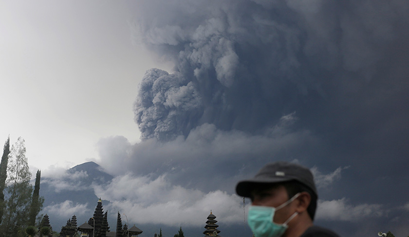 Volcanic ash has blanketed villages in the vicinity of Mount Agung