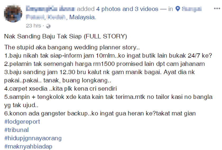 Status yang dimuat naik kakak kepada pengantin di laman media sosial.