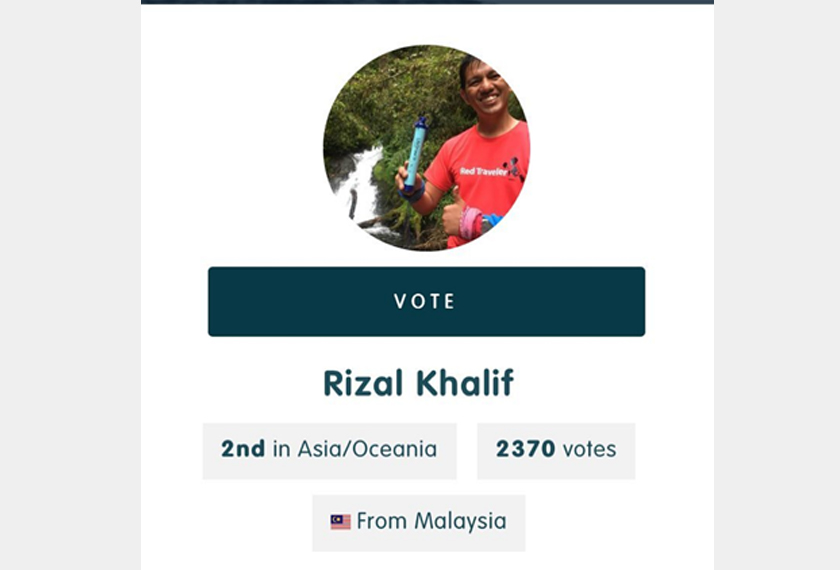  Buat masa ini, Rizal menduduki di tangga kedua bagi rantau Asia/Oceania danmemerlukan undian anda untuk meneruskan perjuangannya dalam ekspedisi ini. Sumber: Instagram/@redtraveller
