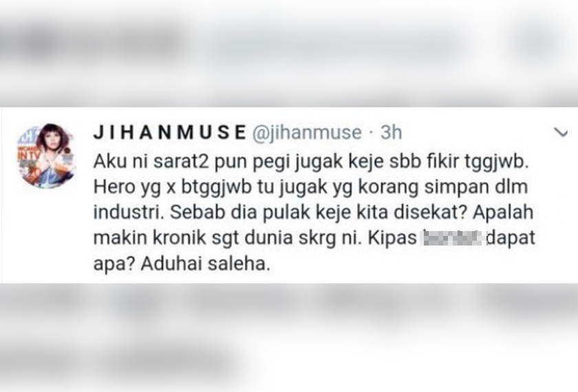 Status 'pedas' yang dimuat naik Jihan ke akaun Twitter.