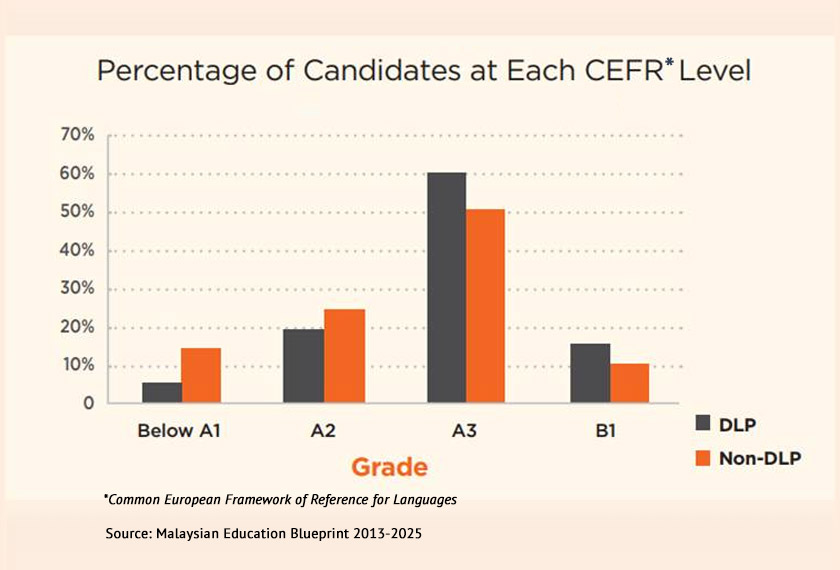Studies point to an improved grasp of English for students exposed to the DLP.