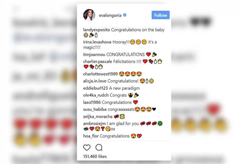 Ucapan tahniah dari para pengikut instagram Eva Longoria