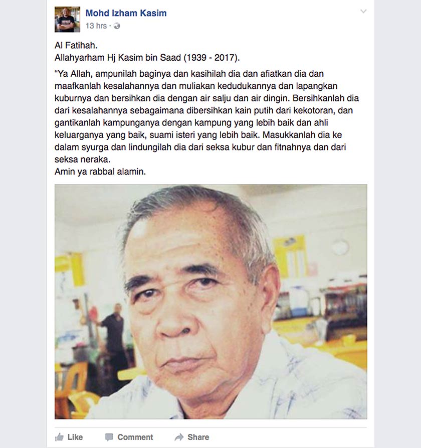 Makluman pemergian Allahyarham Kassim Saad oleh Mohamad Izham di akaun Facebooknya. -FB Mohd Izham Kasim
