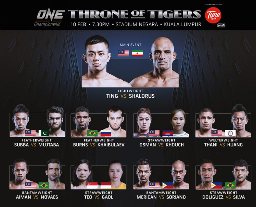 'Fight card' untuk kejohanan ONE: Throne of Tigers. - Foto ONE Championship