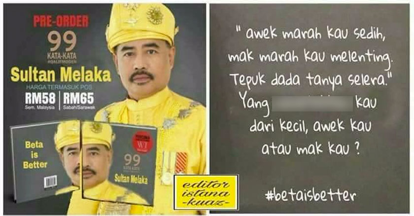 Laman Facebook dengan nama 'Sultan Melaka' tidak ketinggalan menyunting imej menggunakan buku Fattah.