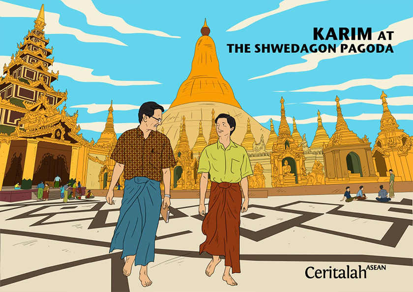 Karim di Shwedagon Kuil. Ilustrasi Karim Raslan