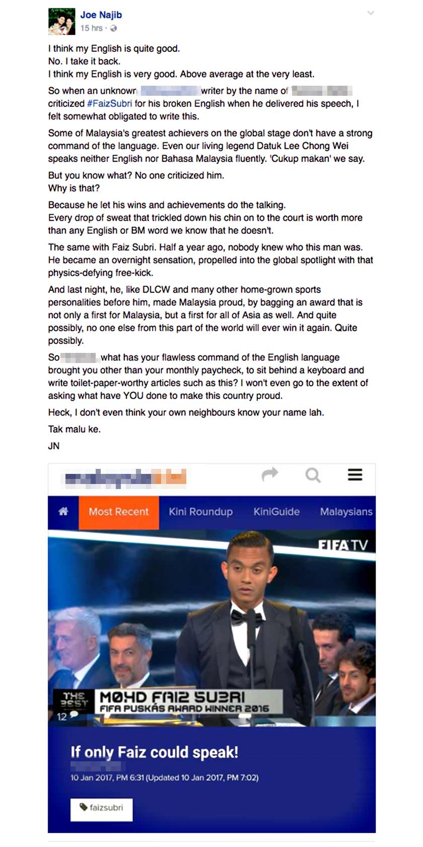 Status Joe Najib telah menerima lebih 20 ribu likes.