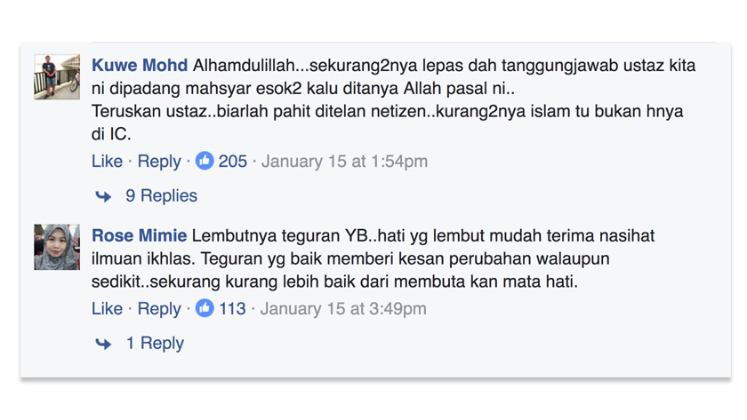 Beberapa pengguna yang menyifatkan teguran Nik Mohamad Abduh sebagai satu langkah untuk menjaga kepentingan agama.