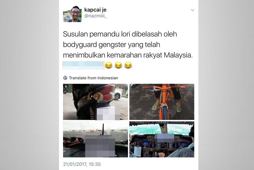 Antara status berserta gambar yang dikongsikan di media sosial mengenai kes belasah yang melibatkan pemandu lori di Bukit Antarabangsa.