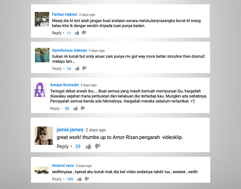 Antara komen warga media sosial di YouTube, mengenai klip video Anuar Zain 'Cinta Takkan Berakhir'