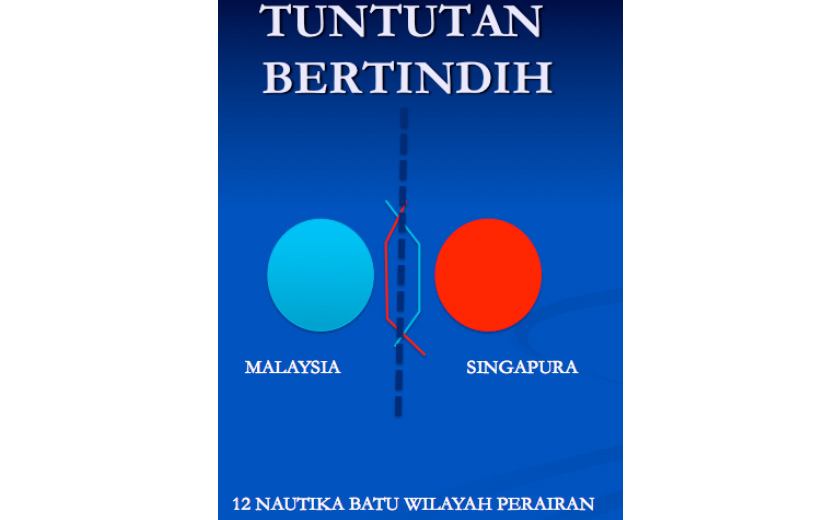 Senario Tuntutan Bertindih (Garis merah tuntutan Singapura, Garis Biru tuntutan Malaysia)