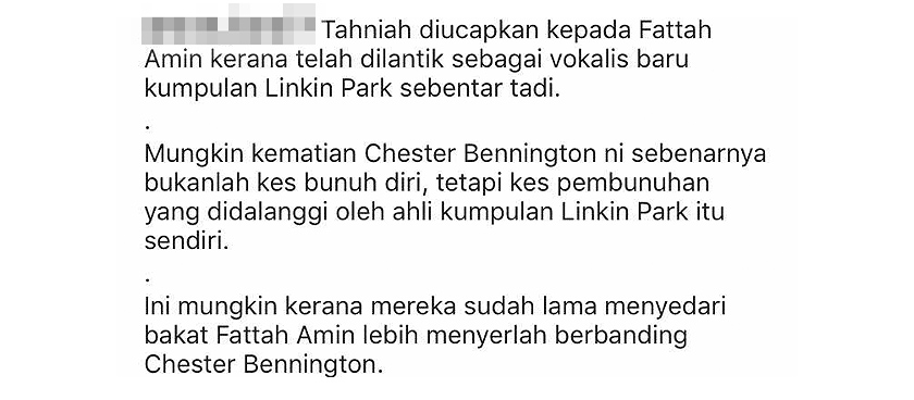 Kapsyen yang dimuat naik sebuah laman sosial buat peminat Linkin Park tidak puas hati.