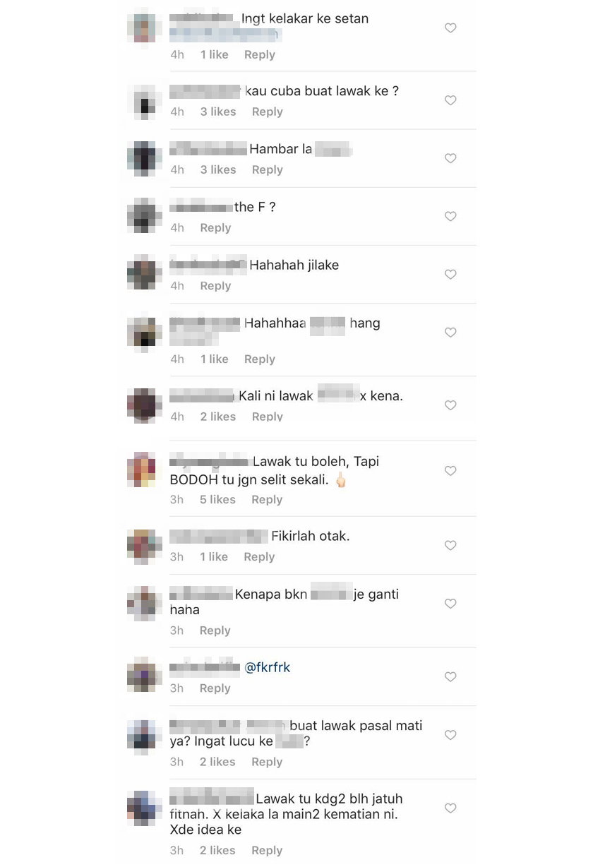 Antara komen peminat di laman sosial.