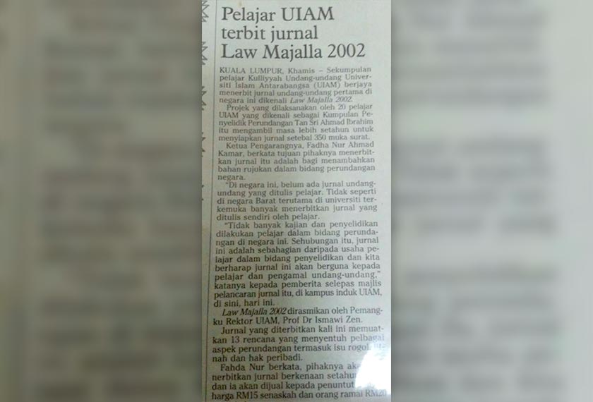 Berita Harian clipping, circa 2002 reports on the publishing of Law Majalla