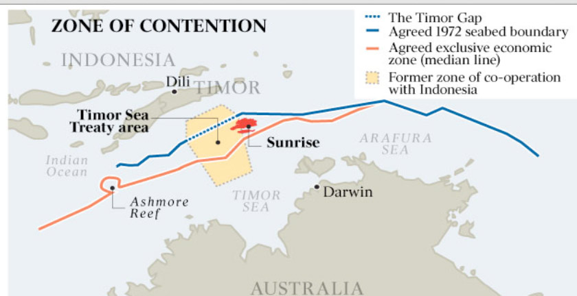 Rajah 2. Pada rajah ini dapat dilihat bahawa garis sempadan pelantar benua di Laut Timor memberikan kelebihan kepada Australia dan garis sempadan EEZ memberikan kelebihan kepada Indonesia.   (Sumber: The Diplomat)