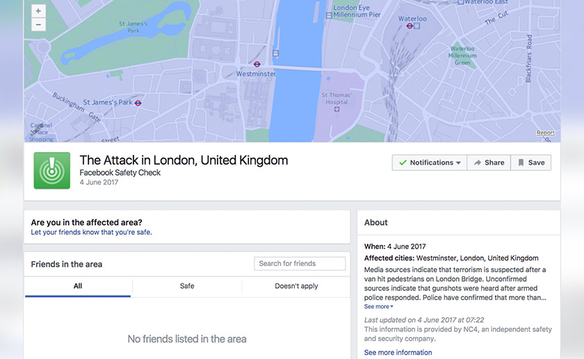 Ciri Safety Check diperkenal Facebook bagi pengguna mengesahkan mereka 'selamat' dalam insiden berkenaan.