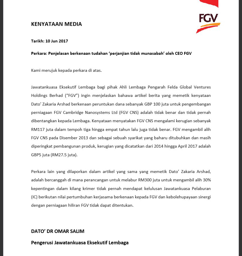Kenyataan media FGV.