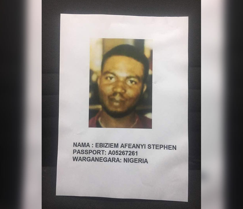 Suspek warga Nigeria dikenali sebagai Ebiziem Afeanyi Stephen. - Foto IPD Brickfields