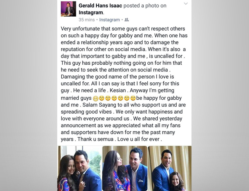 .Kenyataan balas Hans Isaac berhubung dakwaan 'bekas teman lelaki' tunangnya, Gabriella.