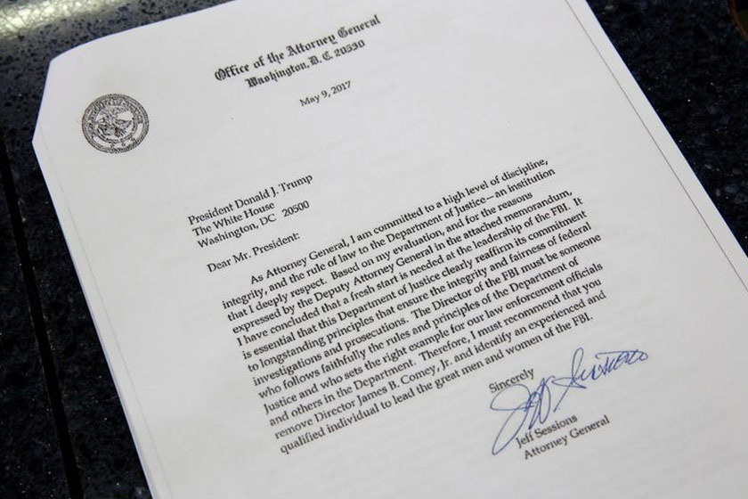 Surat daripada Sessions kepada Trump yang menyarankan pemecatan Comey. -Reuters