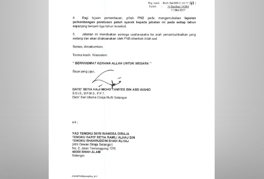 Surat Mufti Selangor yang dimuat naik di laman web Jabatan Mufti.