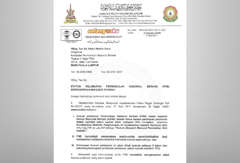 Surat Mufti Selangor yang dimuat naik di laman web Jabatan Mufti.