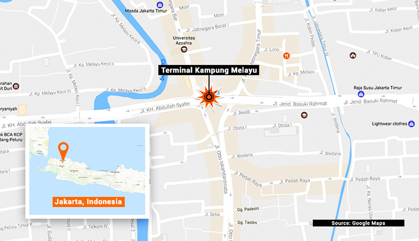 Peta menunjukkan lokasi kejadian letupan di Kampung Melayu, Jakarta Timur. 