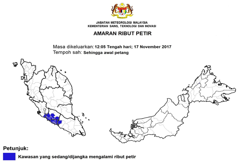 Penduduk di Selangor, Putrajaya, Negeri Sembilan, Melaka dan Johor perlu berwaspada dengan cuaca buruk yang melanda negeri-negeri itu.