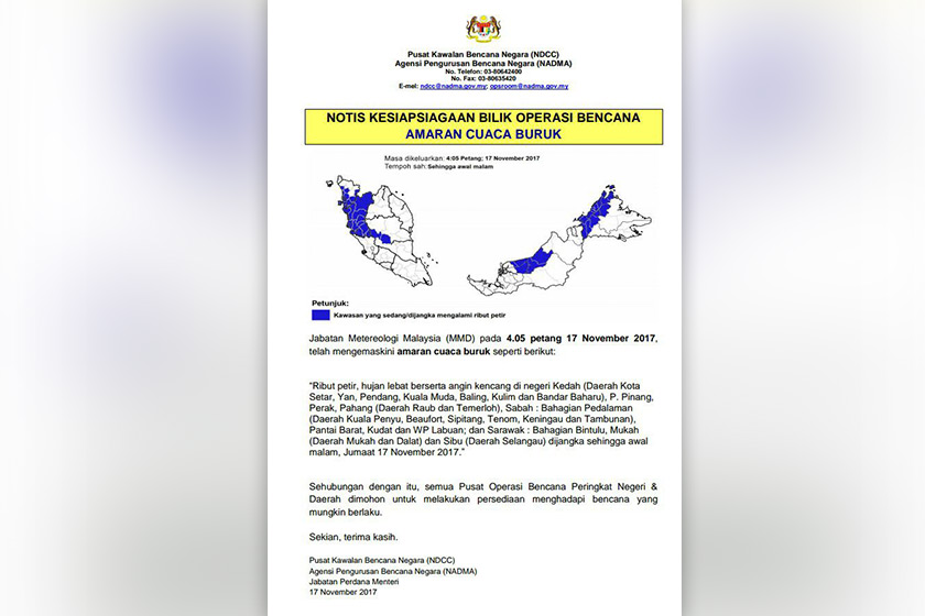 Cuaca buruk berkenaan dijangka bermula malam ini.