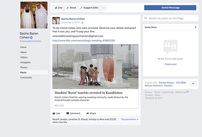 Komen yang dimuat naik Sacha Baron Cohen di laman Facebooknya.