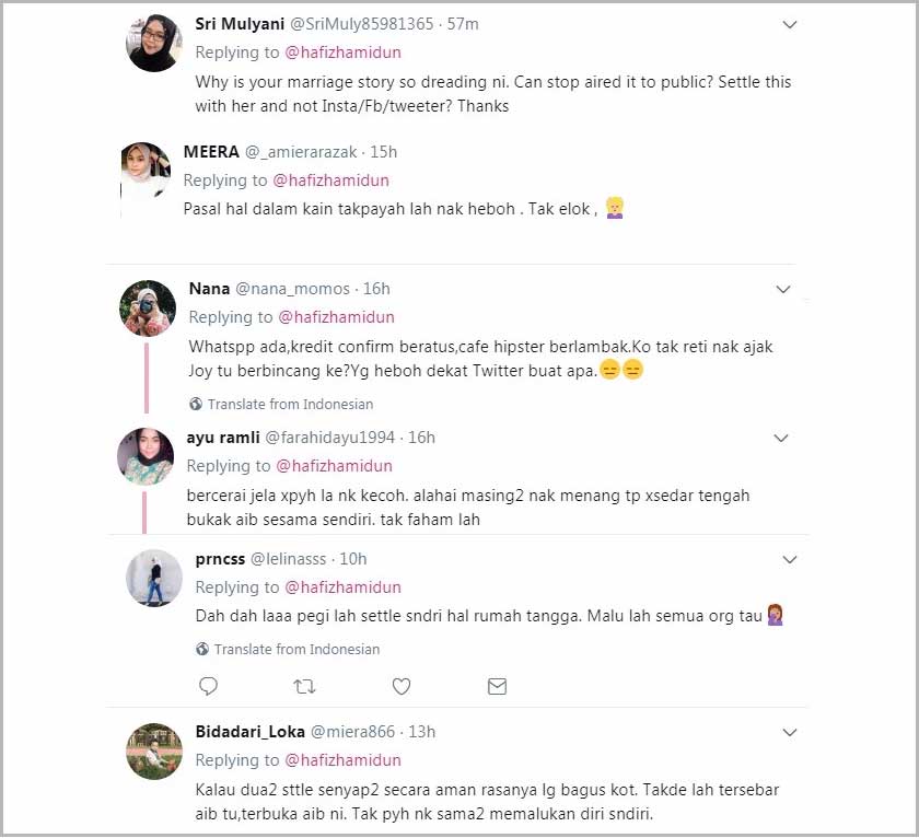 Antara tweet peminat yang mahukan Hafiz dan Joy selesaikan masalah secara matang.