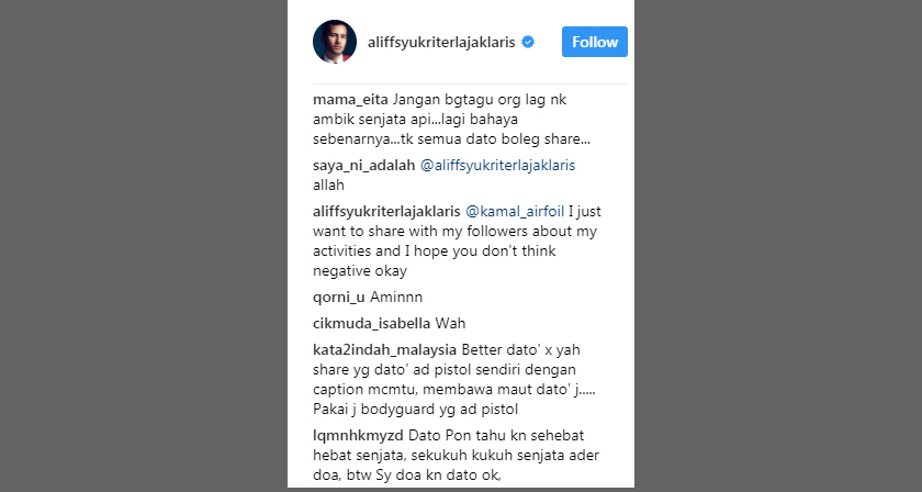 Netizen kecam Aliff Syukri muat naik kisah ambil lesen pistol